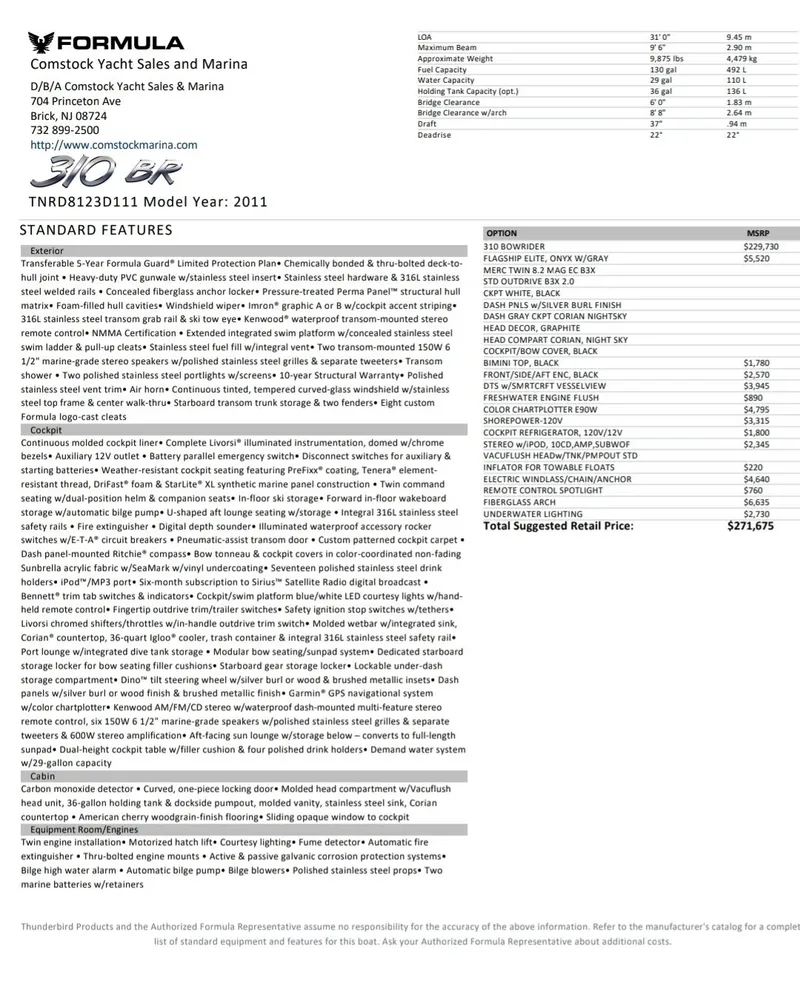 Slide: The Image of 2011 Formula 310 Bowrider specifications and pricing details from Comstock Yacht Sales and Marina. - 5