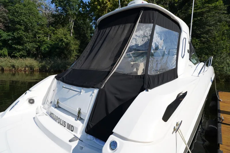 Slide: The Image of 2010 Sea Ray 370 Sundancer docked near lush greenery. - 17