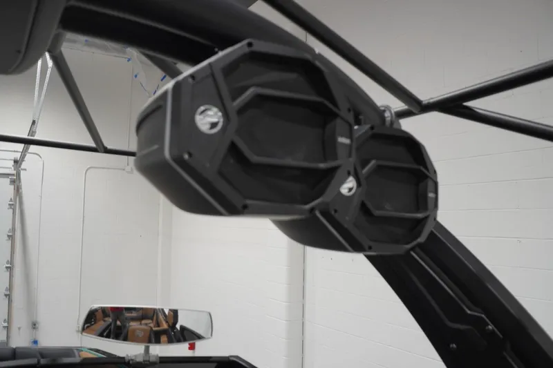 Slide: The Image of 2024 Tigé Ultré 25ZX boat speakers mounted on a sleek black frame. - 98