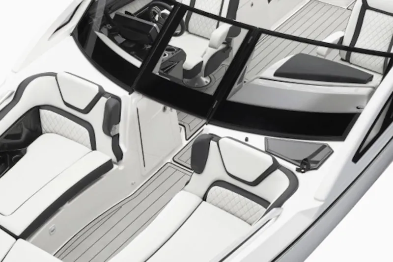 Slide: The Image of 2026 Yamaha Boats 275SE interior with sleek white and black seating design. - 4