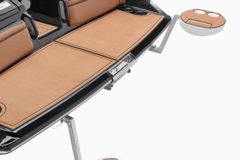 Slide: The Image of 2026 Yamaha Boats 275SD swim platform with teak finish and cup holders. - 4