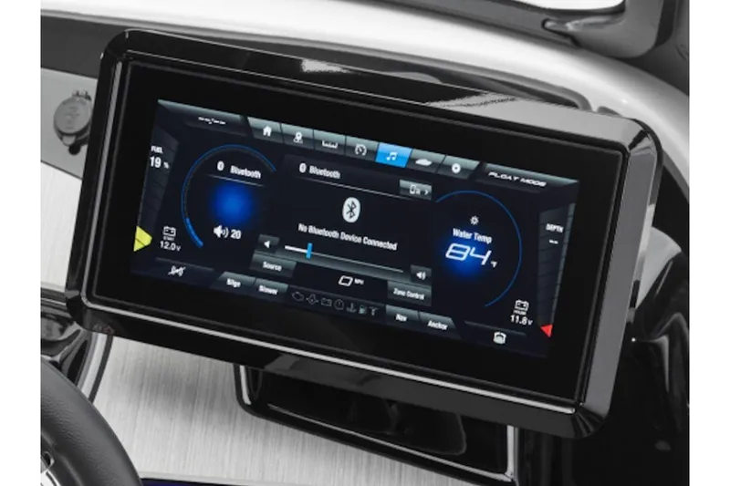 Slide: The Image of Touchscreen display on 2026 Yamaha Boats 222XE showing Bluetooth and water temperature. - 2