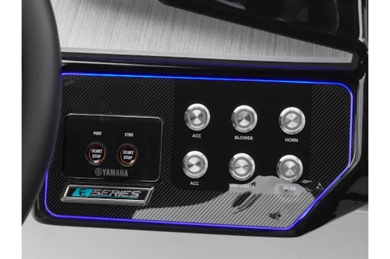 Slide: The Image of Control panel of 2026 Yamaha Boats 222XE with illuminated buttons and start/stop switches. - 5
