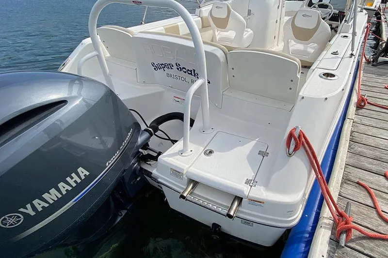 Slide: The Image of 2019 Robalo R207 Dual Console boat docked with Yamaha outboard motor. - 11