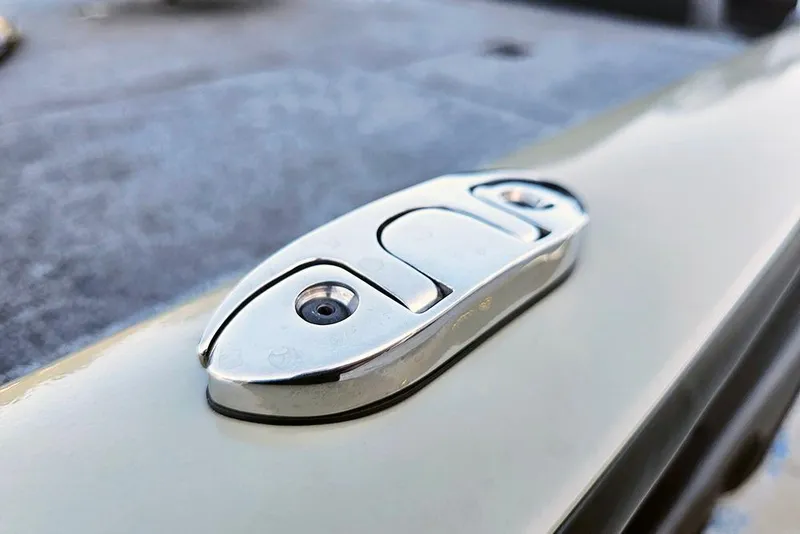 Slide: The Image of Close-up of a 2026 Tracker Pro Team 195 boat latch, showcasing sleek design and craftsmanship. - 20
