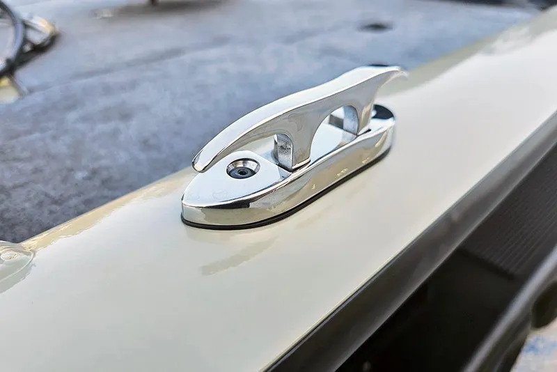Slide: The Image of 2026 Tracker Pro Team 195 boat cleat, chrome finish, close-up view. - 21