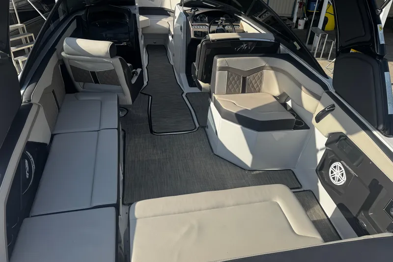 Slide: The Image of 2021 Monterey 255SS Super Sport boat interior with luxurious seating and modern design. - 19