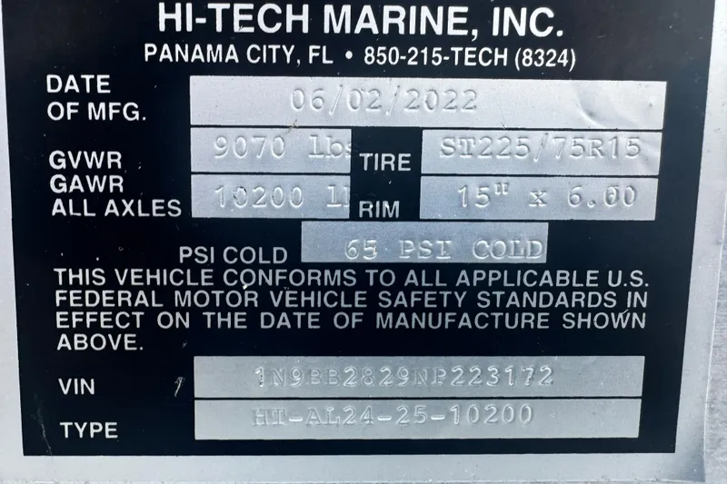 Slide: The Image of Hi-Tech Marine label with manufacturing details for 2021 Monterey 255SS Super Sport. - 30
