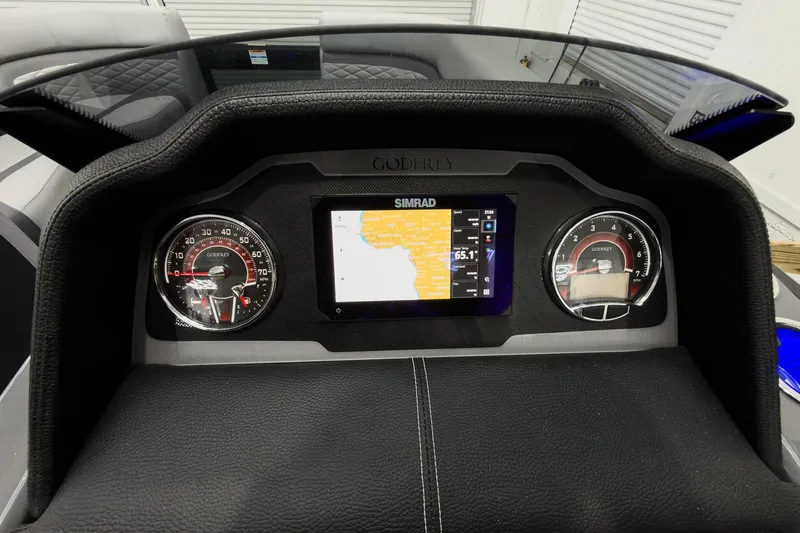 Slide: The Image of Dashboard of 2026 Godfrey Monaco 23' Tritoon with Simrad display and gauges. - 23