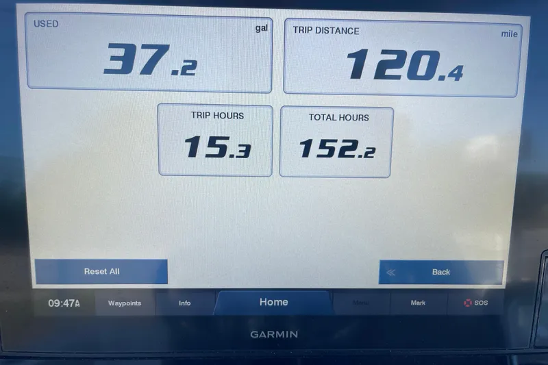 Slide: The Image of Garmin display showing fuel usage and trip data for 2019 Sportsman Open 242 Center Console. - 42