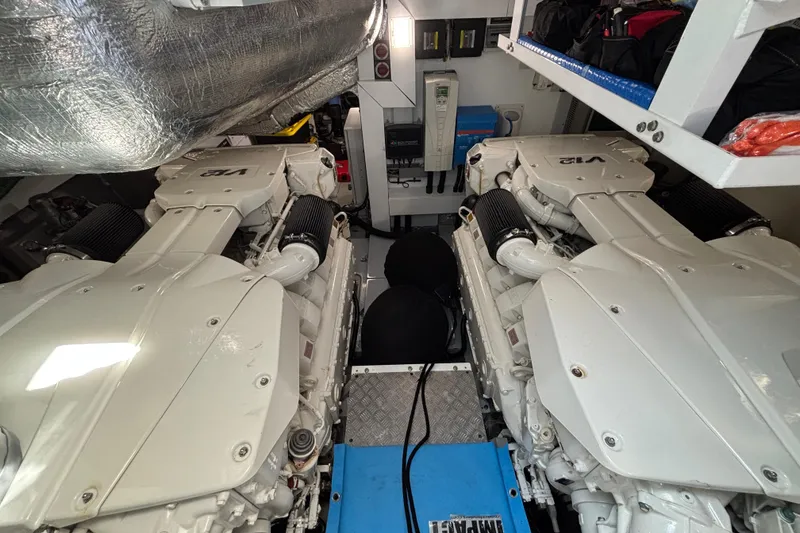 Slide: The Image of Engine room of 2018 Sunseeker Predator 74 yacht, featuring dual V12 engines. - 26