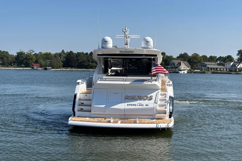 Slide: The Image of Sunseeker Predator 74 yacht on water, rear view, with American flag, 2018 model. - 6