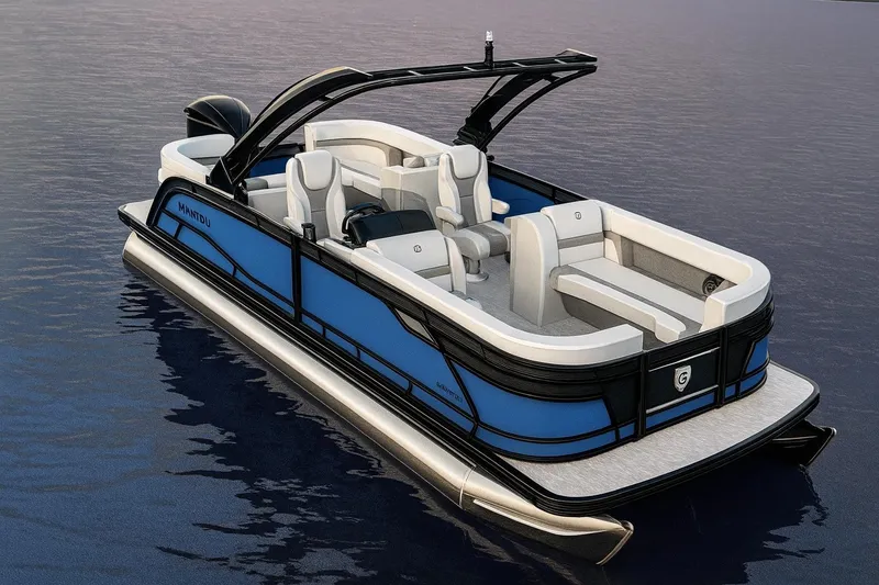 Slide: The Image of 2026 Godfrey Monaco 255 Single Flip Lounge pontoon boat with illuminated deck and seating. - 1