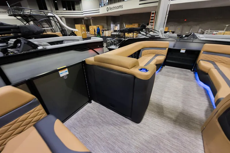 Slide: The Image of Luxurious interior of 2026 Godfrey Monaco 255 Single Flip Lounge pontoon boat with modern seating. - 17