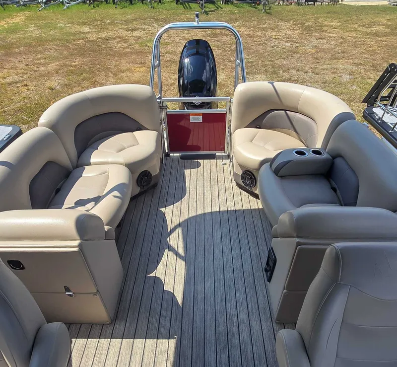Slide: The Image of 2020 Landau ATLANTIS boat interior with beige seating and wood-style flooring. - 12