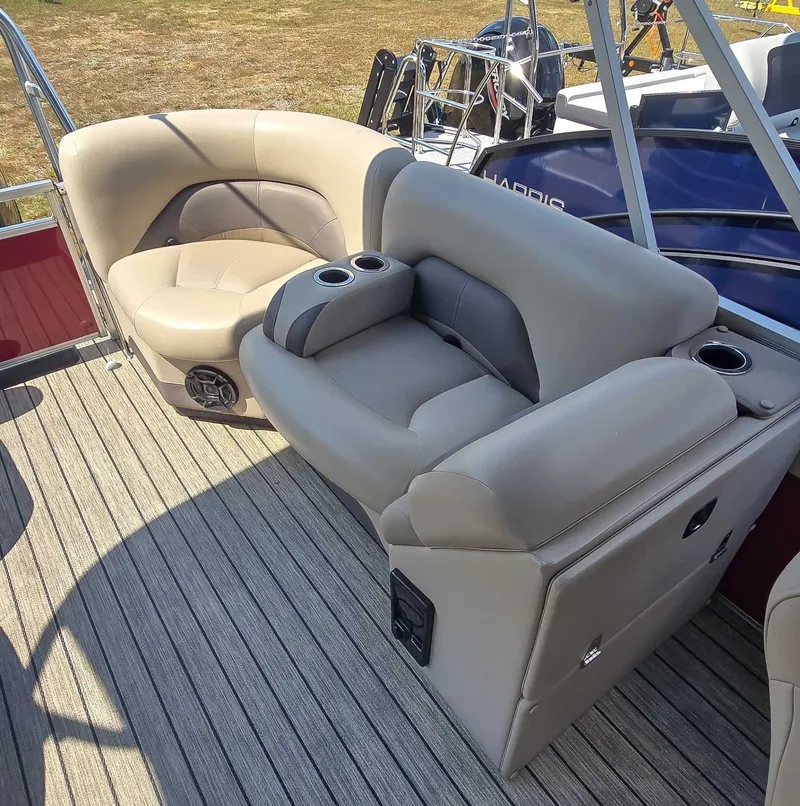 Slide: The Image of Luxury seating on 2020 Landau ATLANTIS boat with cup holders and speakers. - 14