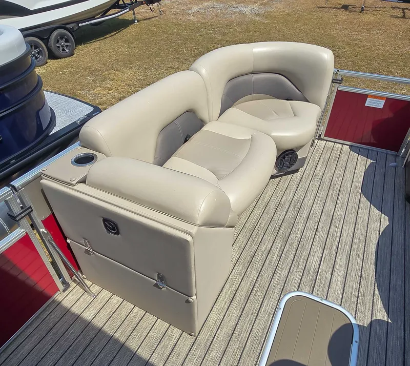 Slide: The Image of 2020 Landau ATLANTIS boat with beige seating and wood-patterned deck. - 6
