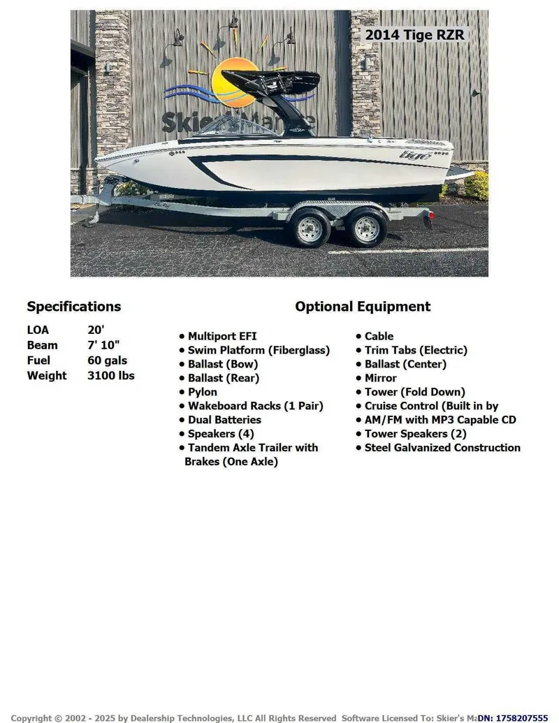 Slide: The Image of 2014 Tigé RZR boat with trailer, specifications, and optional equipment listed. - 2