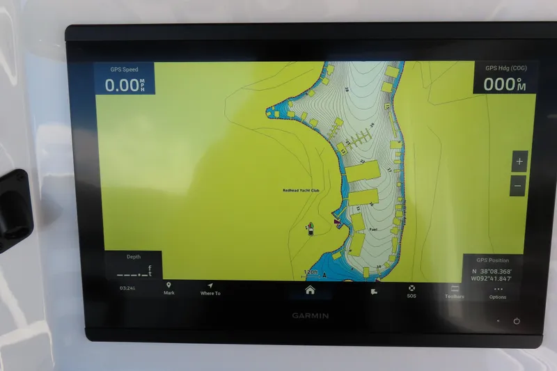 Slide: The Image of Garmin GPS display on 2026 Sunsation 32CCX showing nautical map and navigation details. - 20