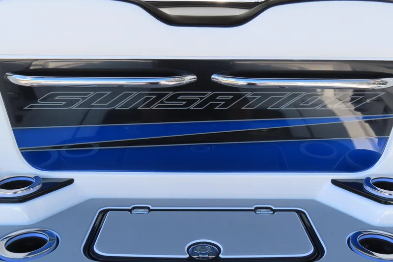 Slide: The Image of 2026 Sunsation 32CCX boat, sleek design with blue and black accents. - 30