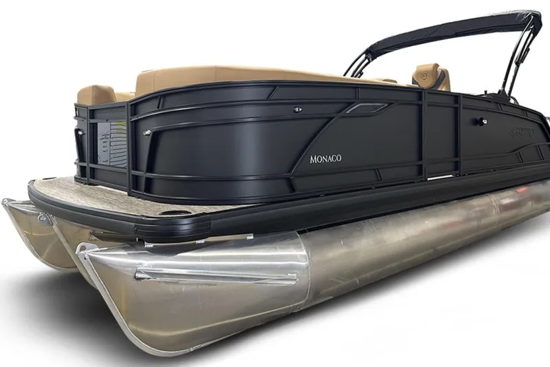 Slide: The Image of 2026 Godfrey Monaco 23' Tritoon with sleek black design and luxurious seating. - 3