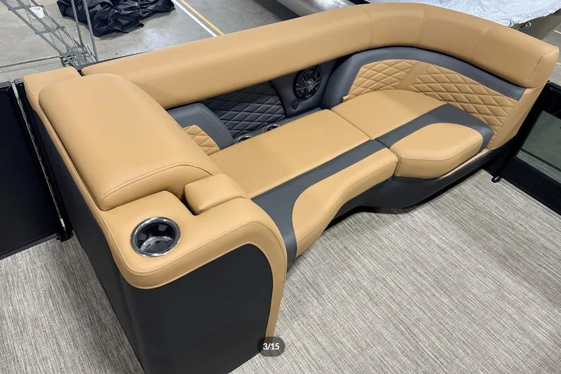 Slide: The Image of Luxurious tan and black seating on 2026 Godfrey Monaco 23' Tritoon boat. - 5