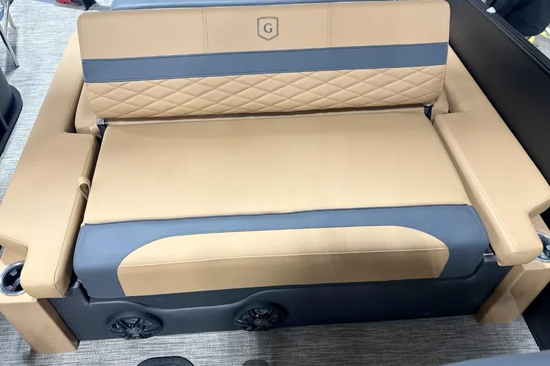 Slide: The Image of Luxurious tan and gray seating on 2026 Godfrey Monaco 23' Tritoon boat. - 9