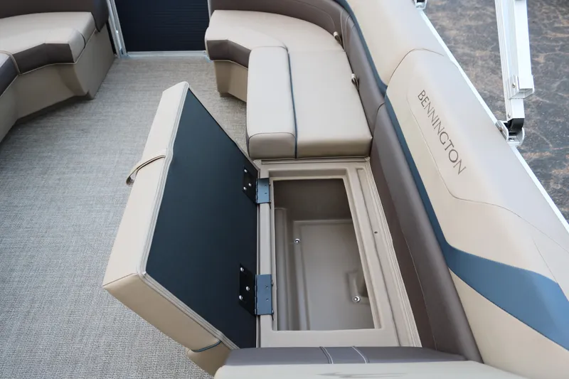 Slide: The Image of 2026 Bennington 20SSRCX STERN RADIUS boat with luxurious gray seating. - 19