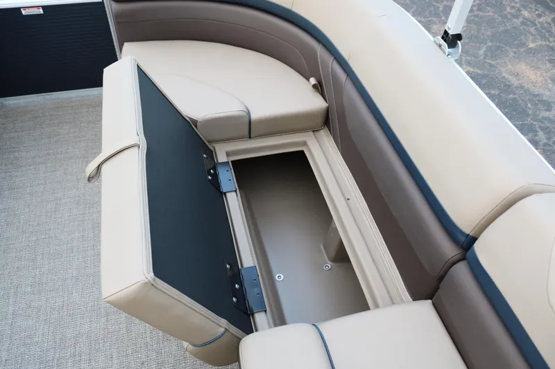 Slide: The Image of 2026 Bennington 20SSRCX Stern Radius boat seating, featuring sleek gray upholstery and modern design. - 21
