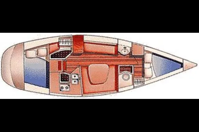 Slide: The Image of Floor plan of a 1992 Hunter 33.5 sailboat, showing interior layout and amenities. - 24