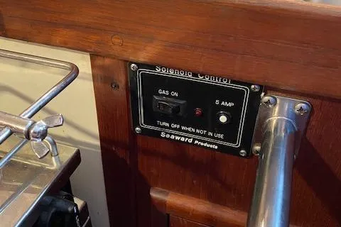 Slide: The Image of Control panel on 1989 Tartan 37 boat with gas switch and Seaward Products label. - 39