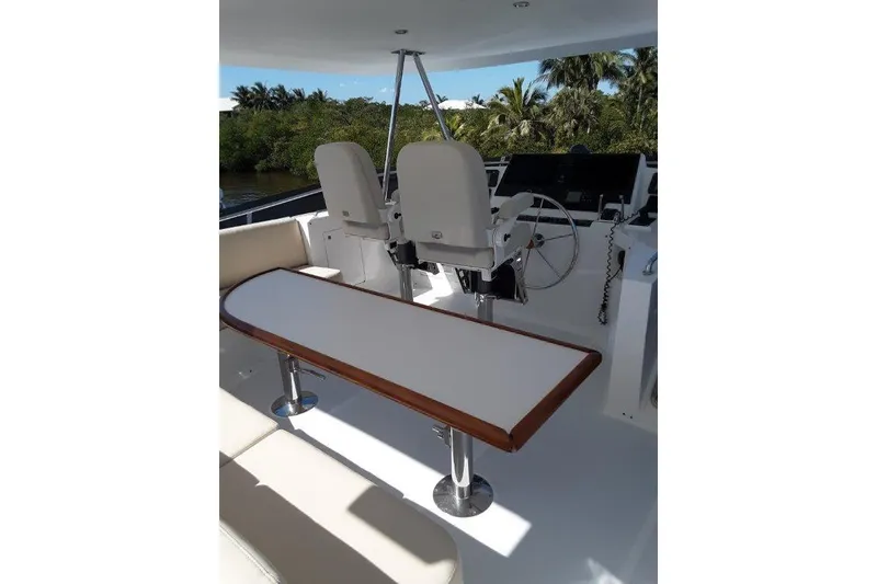 Slide: The Image of Flybridge helm with seating and table, surrounded by lush greenery. - 8