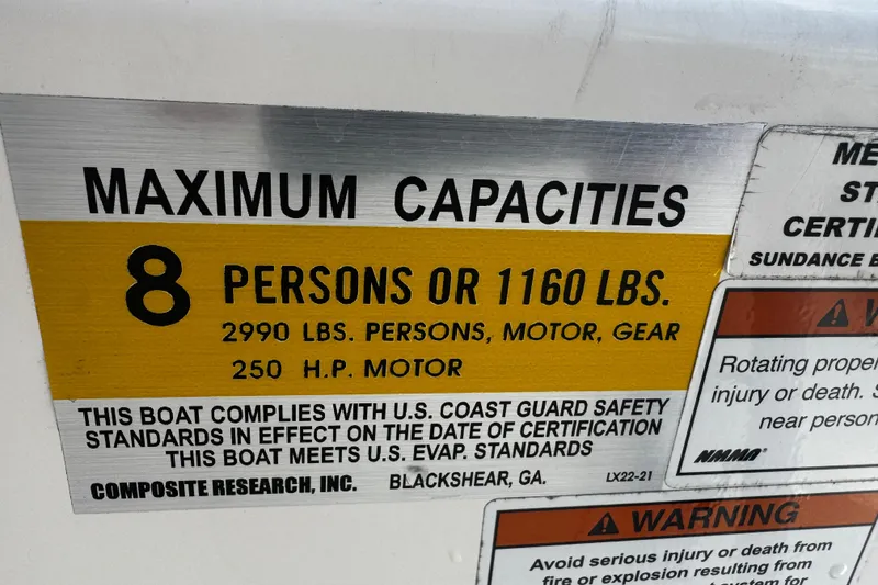 Slide: The Image of Maximum capacity label on 2023 Sea Born FX22 Bay boat, 8 persons or 1160 lbs. - 12