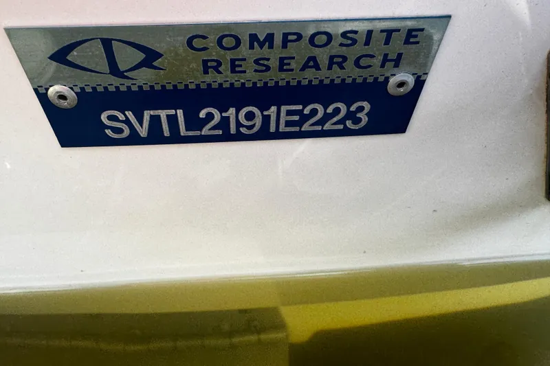 Slide: The Image of 2023 Sea Born FX22 Bay boat identification plate with Composite Research logo. - 15