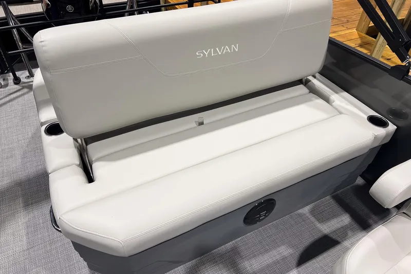 Slide: The Image of Luxurious seating on 2026 Sylvan Mirage 820 CLZ DH pontoon boat, featuring sleek design and cup holders. - 12