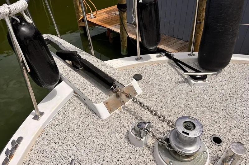 Slide: The Image of Deck of 1985 Hartman-Palmer 60 Flush Deck Motor Yacht with anchor and winch. - 6