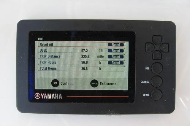 Slide: The Image of Yamaha trip monitor displaying fuel usage and trip details for 2024 Edgewater 208CC boat. - 10