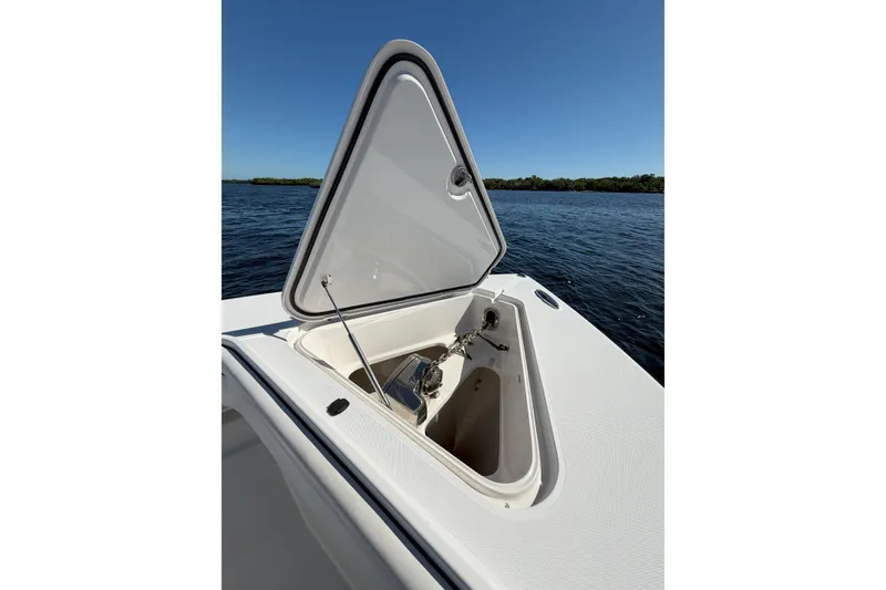 Slide: The Image of Open anchor hatch on 2018 Jupiter 38 FS boat, with ocean view. - 9