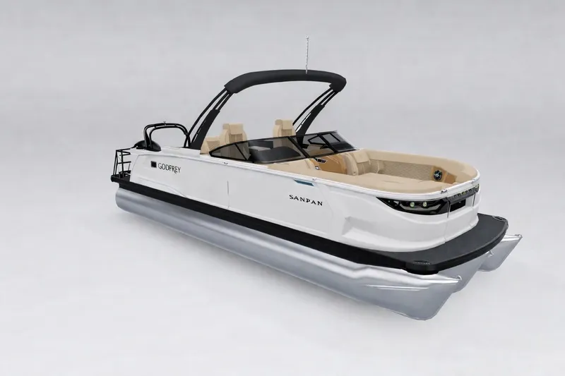 The Image of 2026 Godfrey Sanpan 25' Tritoon with flip lounge and windshield, sleek design. - 0