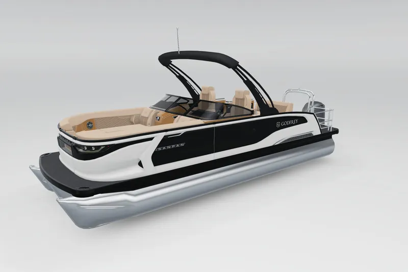 Slide: The Image of 2026 Godfrey Sanpan 25' Tritoon with flip lounge and windshield, sleek design. - 10