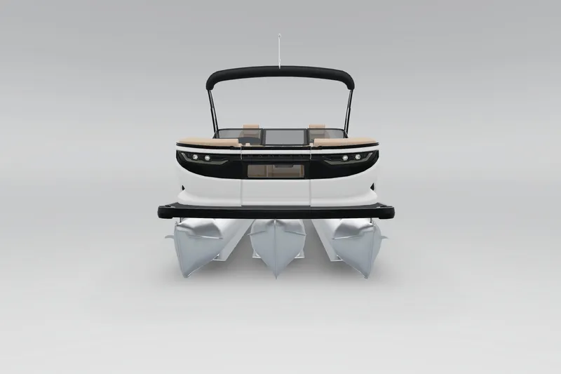 Slide: The Image of 2026 Godfrey Sanpan 25' Tritoon with flip lounge and windshield, rear view. - 11