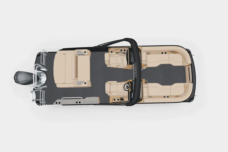 Slide: The Image of Top view of 2026 Godfrey Sanpan 25' Tritoon with beige seating and black flooring. - 2