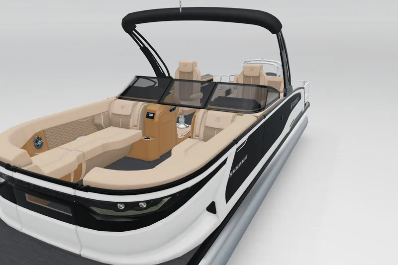 Slide: The Image of 2026 Godfrey Sanpan 25' Tritoon with flip lounge and windshield, featuring luxurious seating. - 3