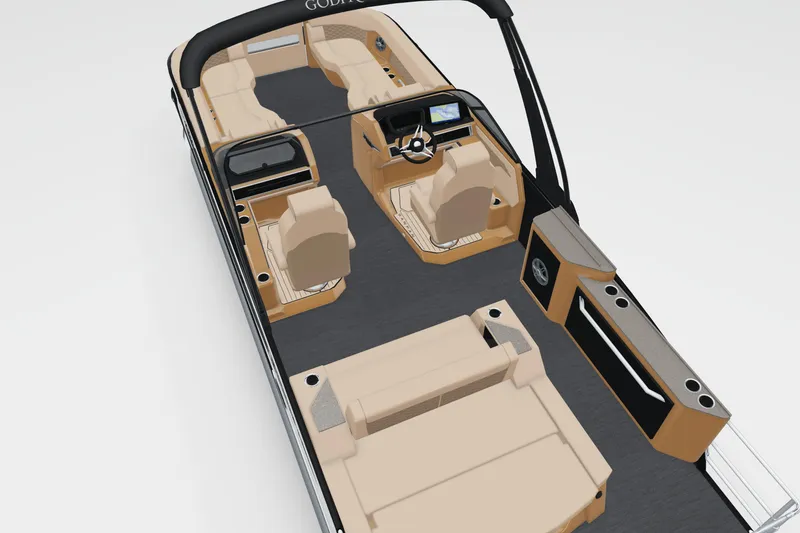 Slide: The Image of 2026 Godfrey Sanpan 25' Tritoon with luxurious seating and modern dashboard design. - 4