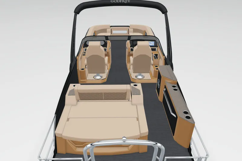 Slide: The Image of 2026 Godfrey Sanpan 25' Tritoon with luxurious seating and modern design. - 5