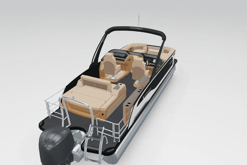Slide: The Image of 2026 Godfrey Sanpan 25' Tritoon with flip lounge and windshield, featuring sleek design. - 6