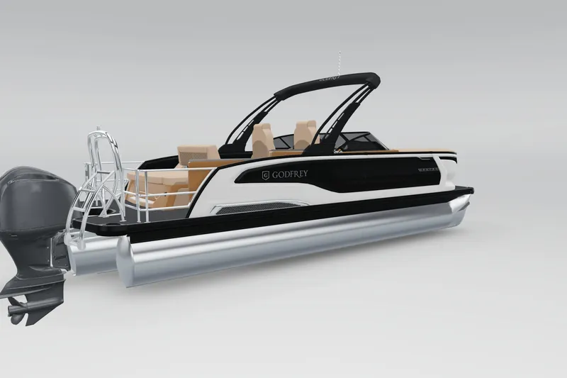 Slide: The Image of 2026 Godfrey Sanpan 25' Tritoon with flip lounge and windshield, side view. - 7