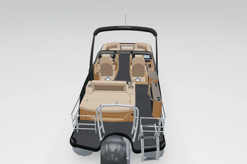 Slide: The Image of 2026 Godfrey Sanpan 25' Tritoon with flip lounge and windshield, front view. - 8