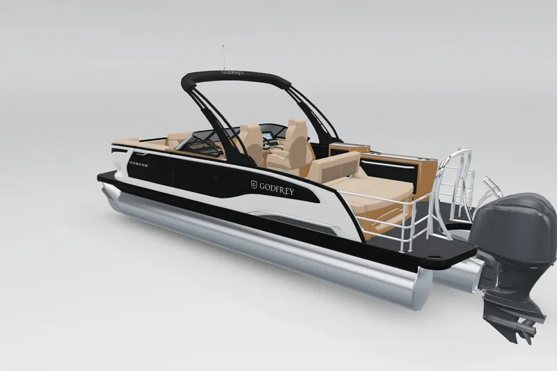 Slide: The Image of 2026 Godfrey Sanpan 25' Tritoon with flip lounge and windshield, side view. - 9