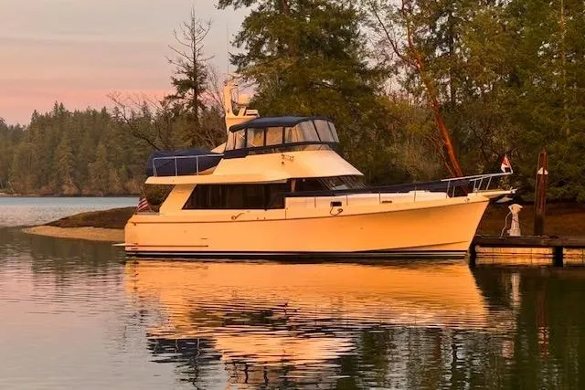The Image of Ocean Alexander 426 Classico yacht, 1997 model, docked by serene forested waters. - 0
